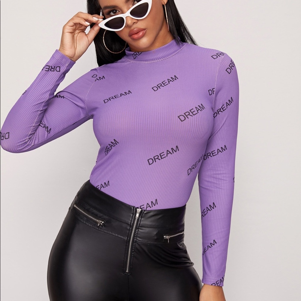 Top Letter Print Ribbed Tee long sleeve Me…